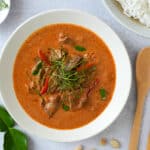 Panang Curry with Beef garnished with Thinly Sliced Kaffir Lime Leaves and served with jasmine rice