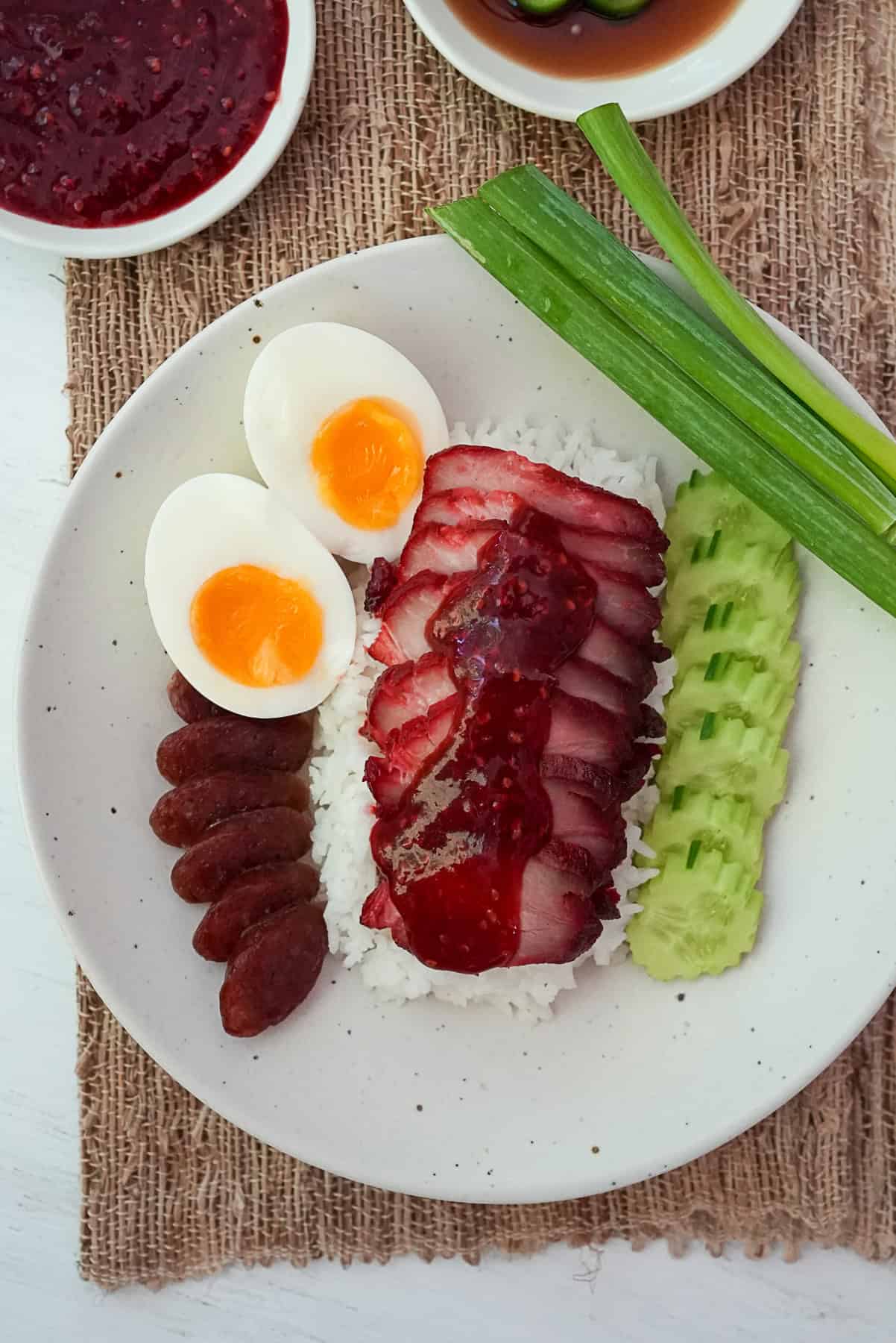 Khao Moo Dang with all of its accompaniments